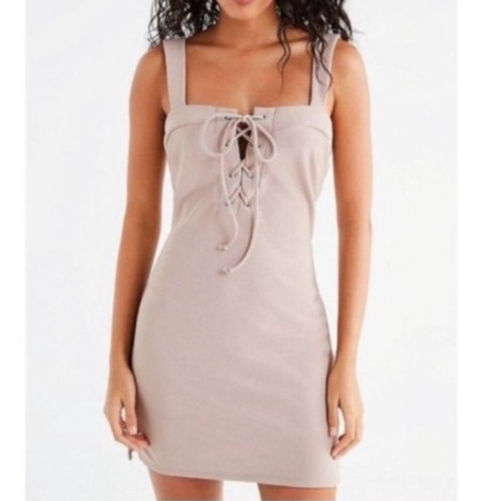 Urban Outfitters Straight Neck Taupe Lace-up Bodycon Dress